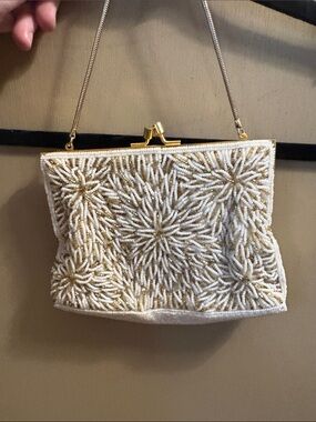 Vintage French handmade White Beaded Clutch with Gold Floral Burst.